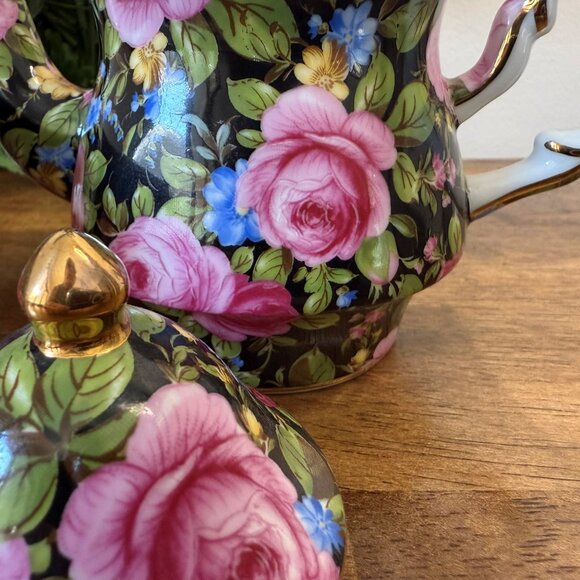 Royal Staffordshire Black Chintz Rose Teapot Floral Cup Gold Trim Pink Blue - Picture 7 of 8